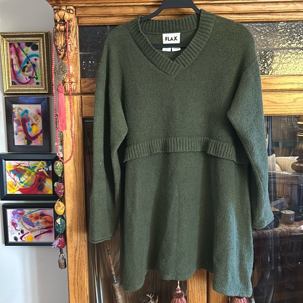 Olive green tunic length, FLAX sweater, in Pima cotton